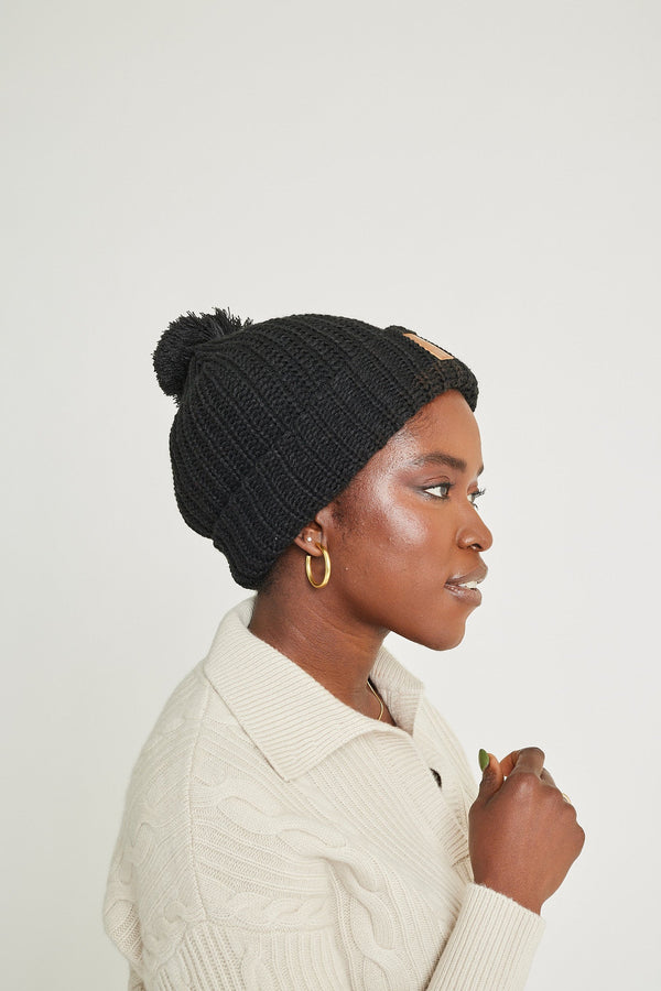 Black Chunky Knit Satin-Lined Beanie