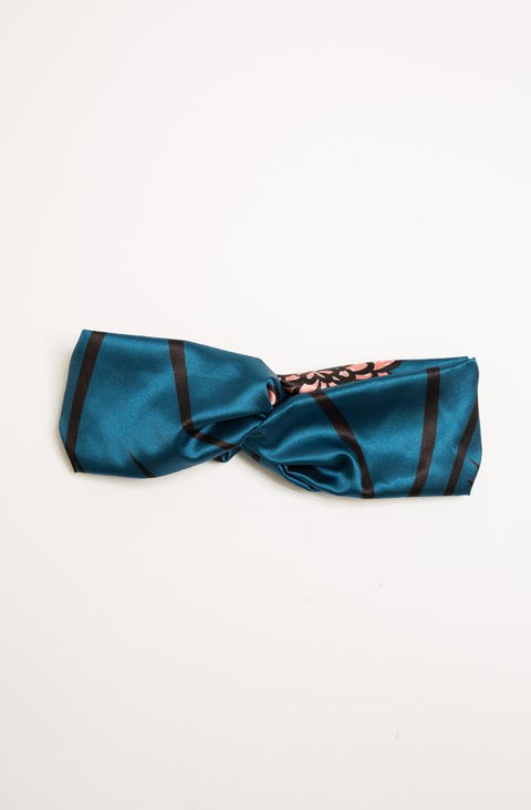 Silk Turban Style Headband - Blue Peach Floral