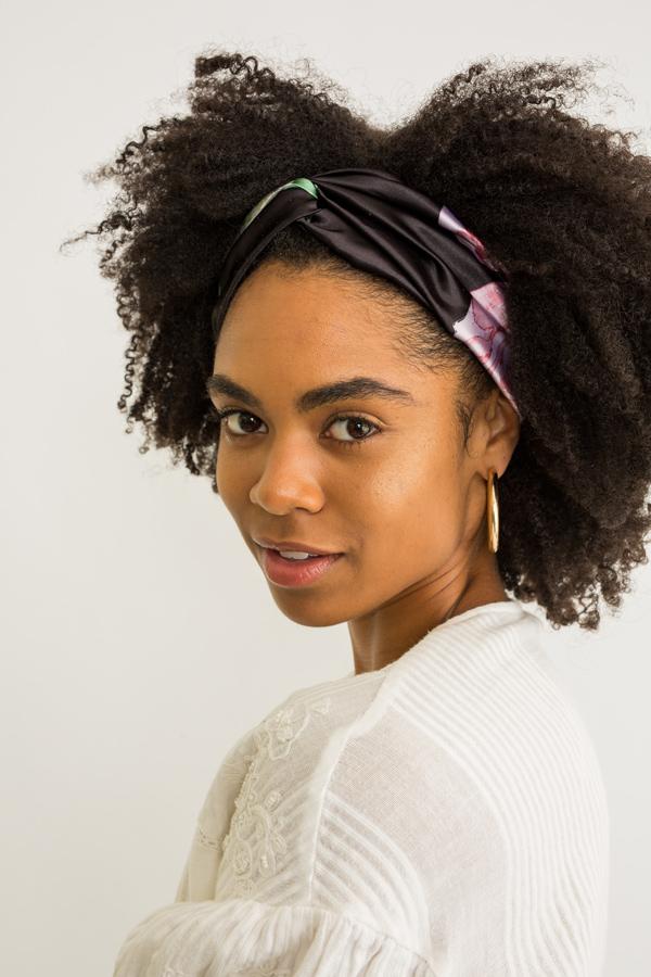 Silk Turban Style Headband - Black Floral