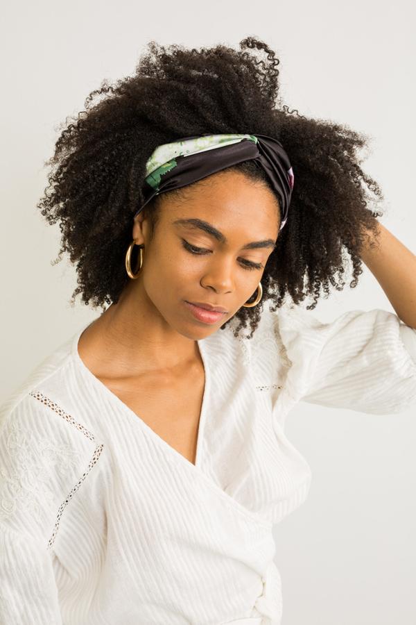 Silk Turban Style Headband - Black Floral